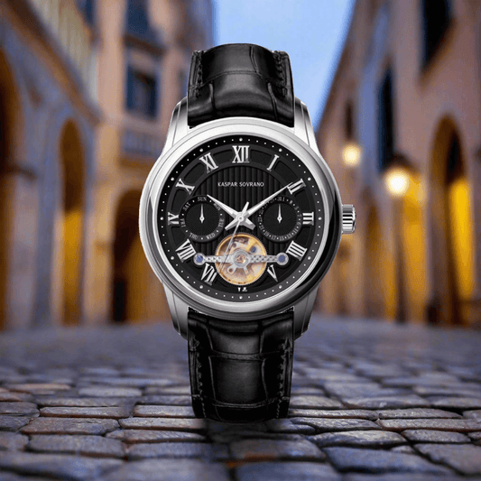 Kaspar Sovrano 1994 Sprezaturra automatic men’s watch with silver case and black leather strap