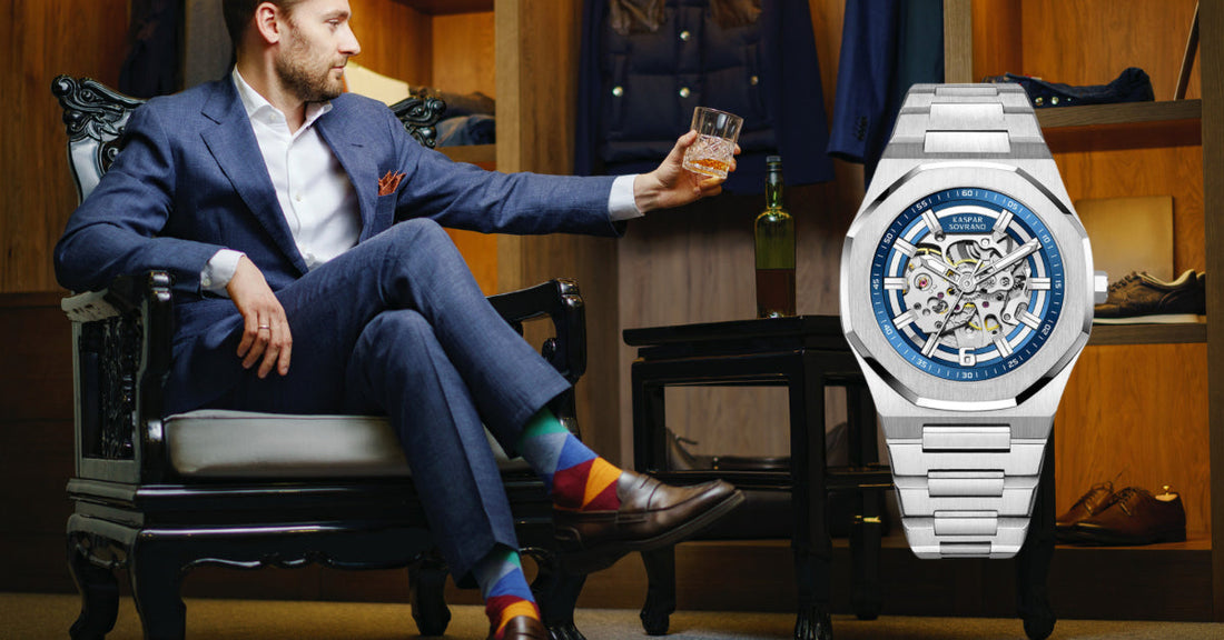 Man in elegant suit admiring Kaspar Sovrano 1994 luxury watch, symbolizing best men's timepiece at affordable prices.