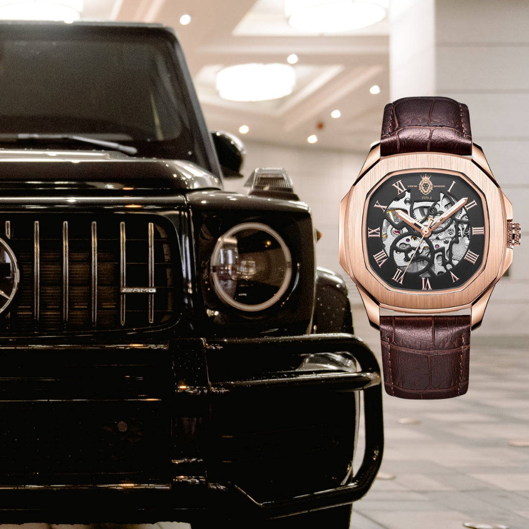 Luxury automatic watch with skeleton dial beside sleek black car, symbolizing sophistication and elegance at affordable prices.