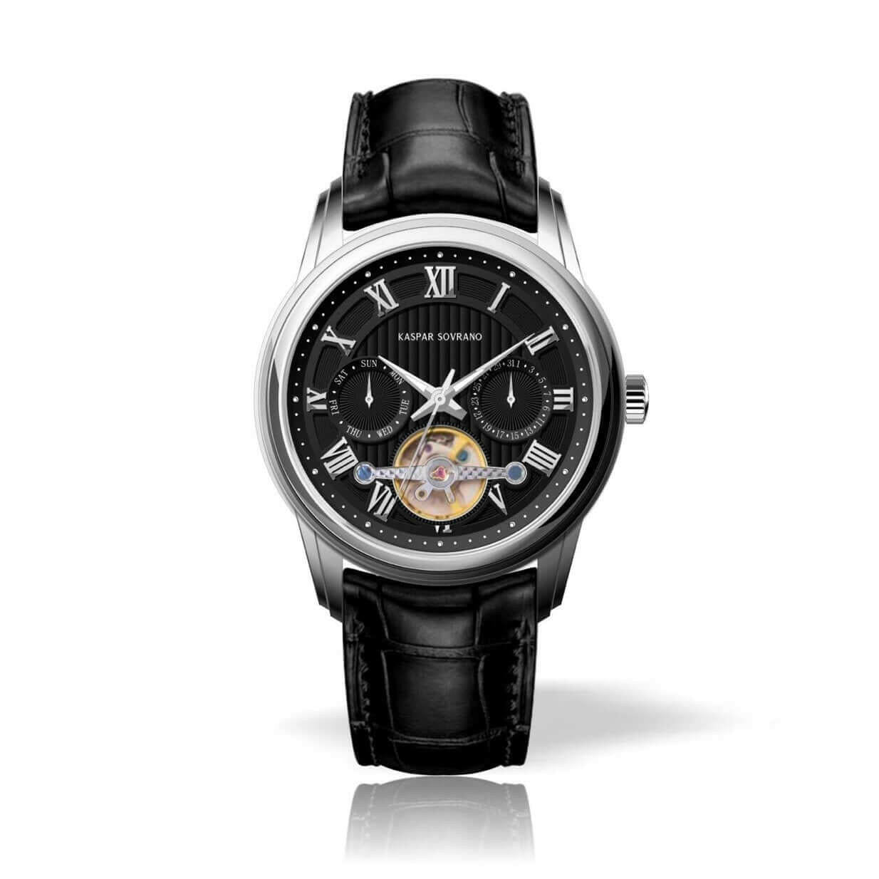 Kaspar Sovrano 1994 Sprezaturra automatic men’s watch with silver case and black leather strap